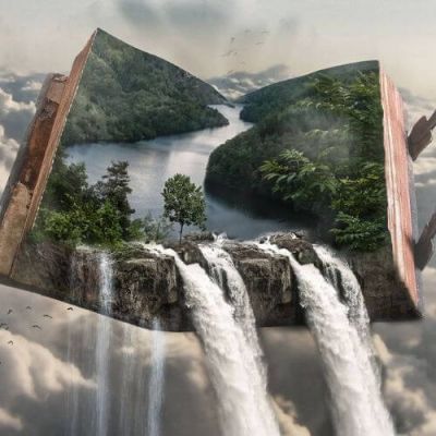 Un libro aperto raffigurante un fiume e una cascata di acqua che esce dal libro